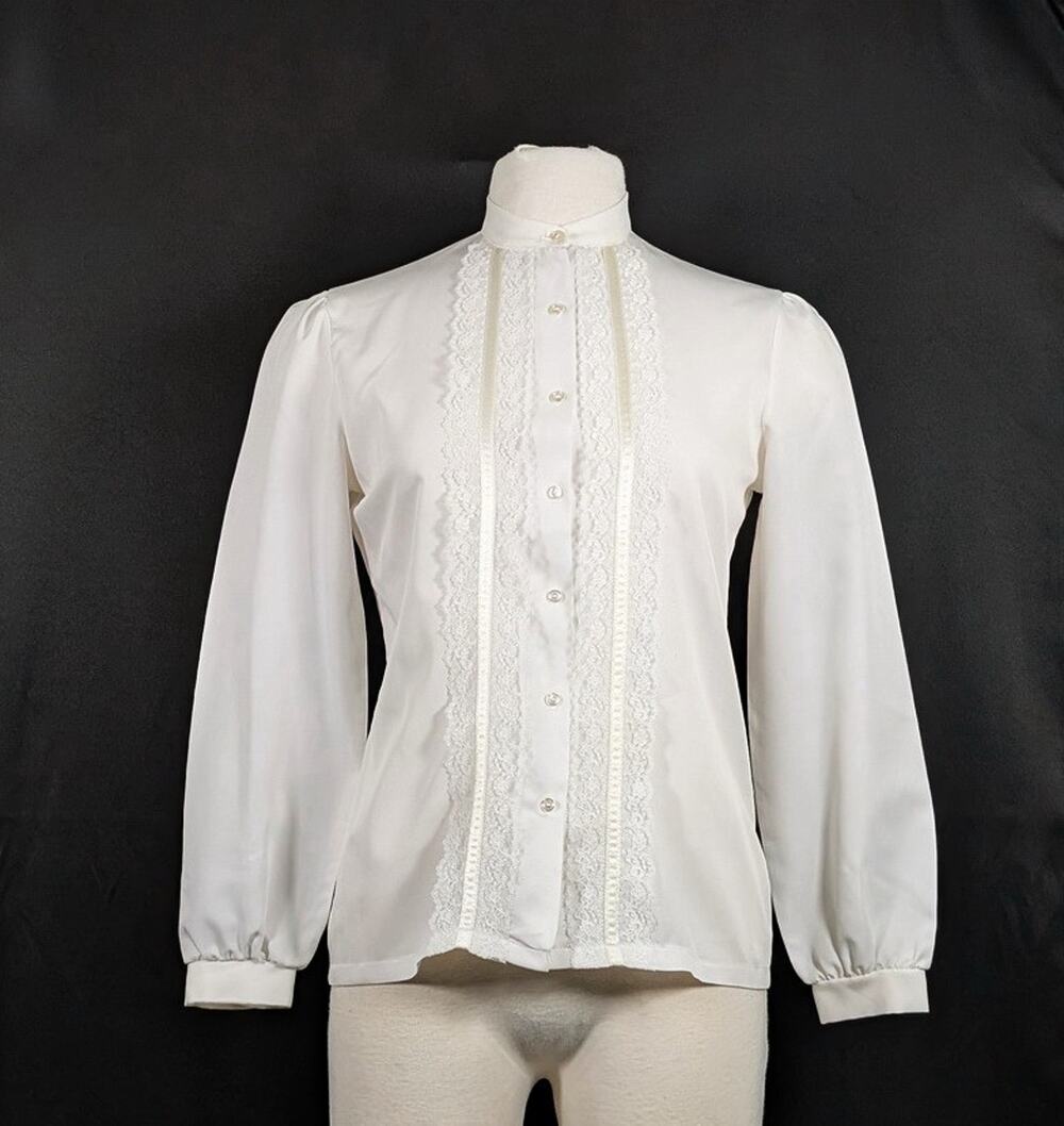 Vintage 80s Blouse White Sheer Lace Ribbon Trim Women's Size 10 Judy Bond
